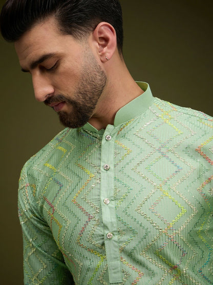 Men’s Green Chevron Embroidered Cotton Kurta with Gotta Patti