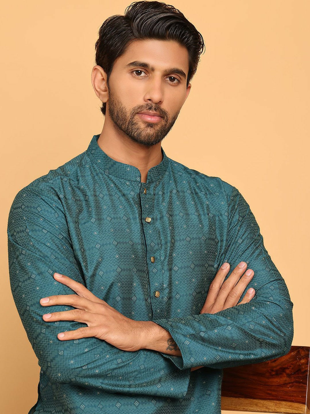 Blue Geometric Zari Woven Silk Blend Kurta with Mandarin Collar