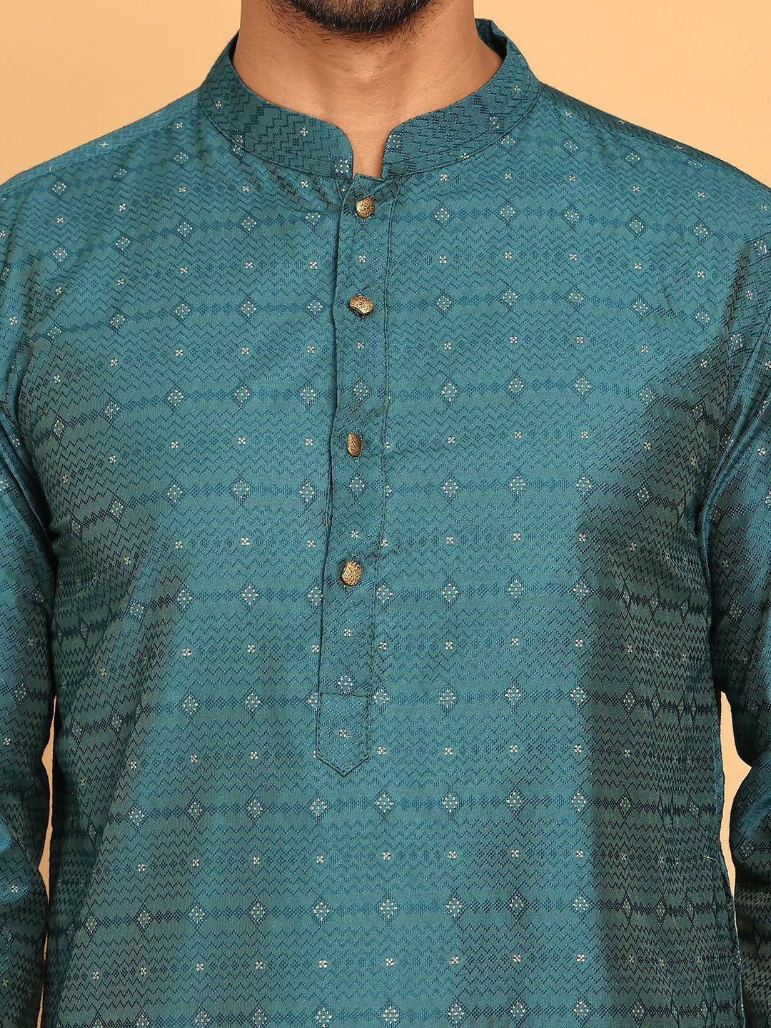 Blue Geometric Zari Woven Silk Blend Kurta with Mandarin Collar