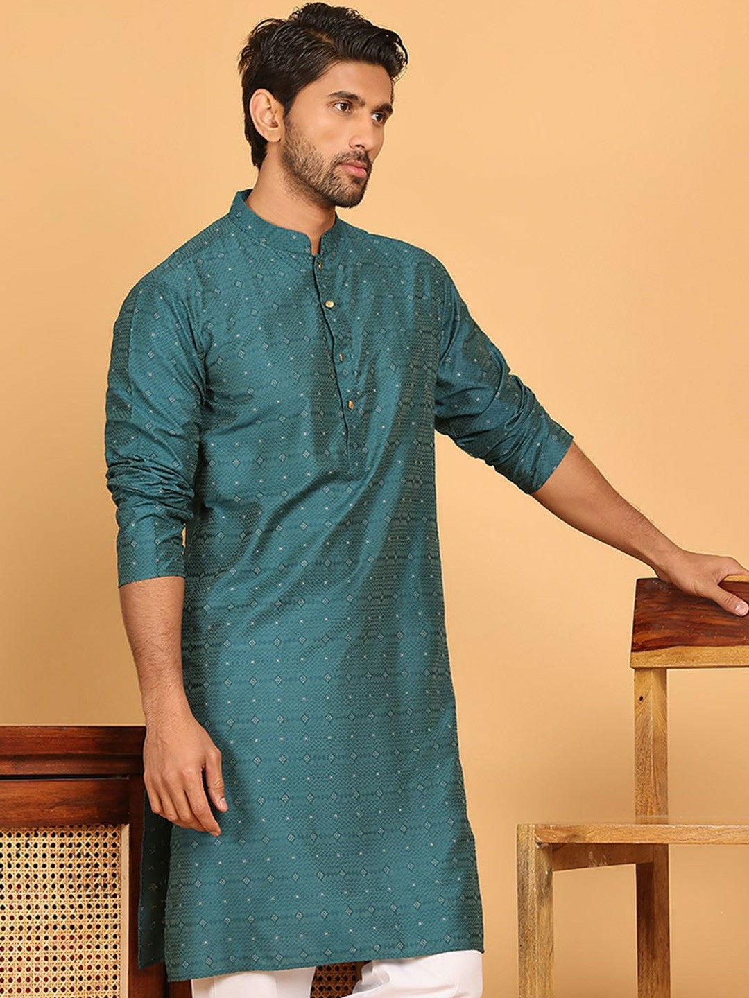 Blue Geometric Zari Woven Silk Blend Kurta with Mandarin Collar