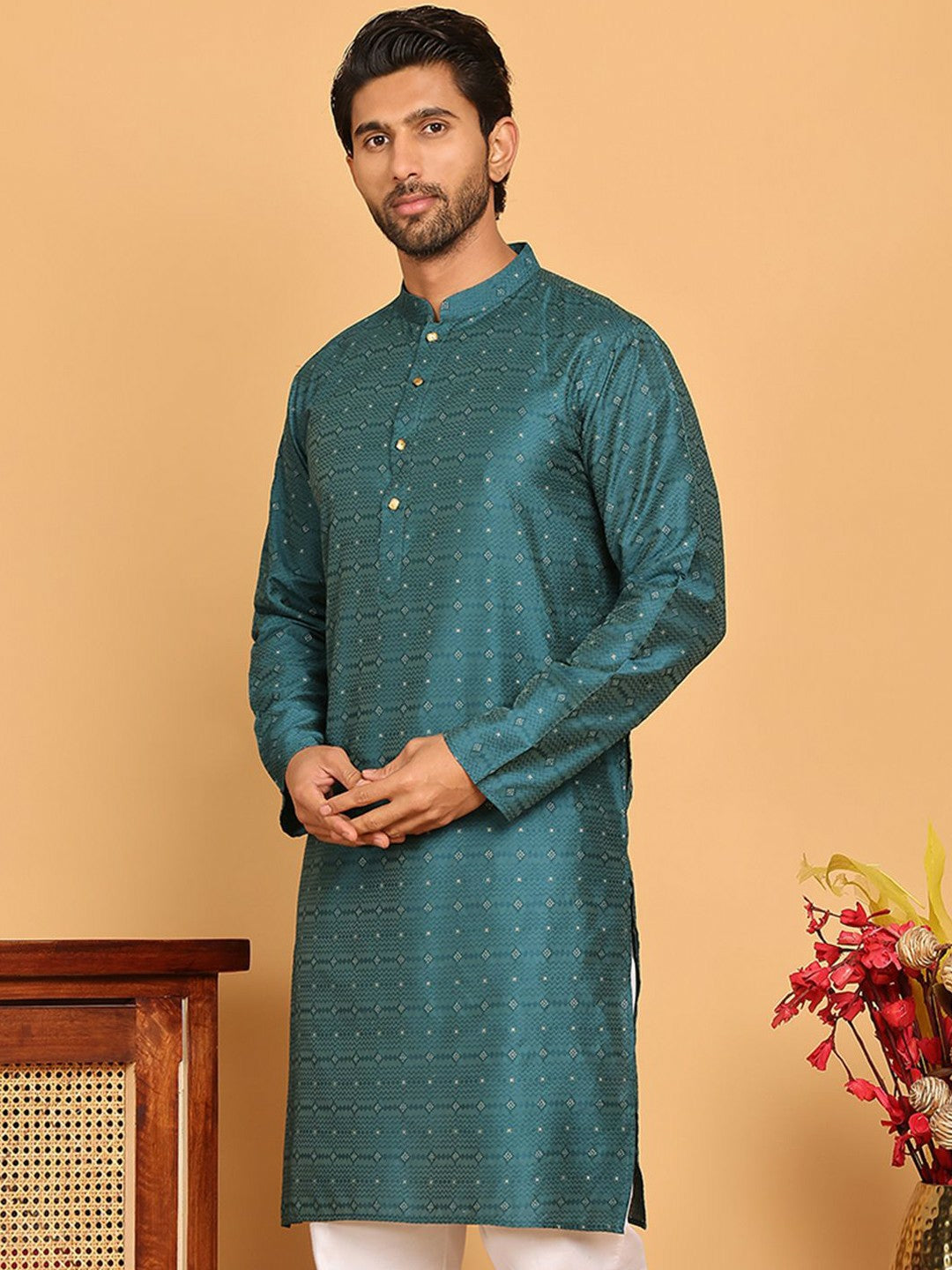 Blue Geometric Zari Woven Silk Blend Kurta with Mandarin Collar