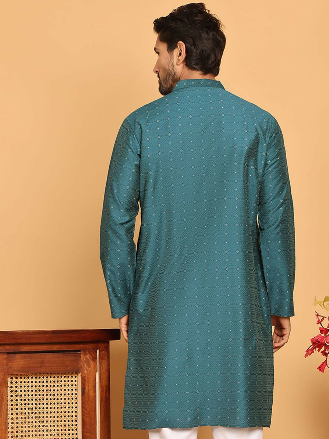 Blue Geometric Zari Woven Silk Blend Kurta with Mandarin Collar