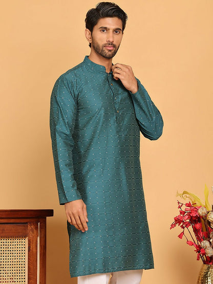 Blue Geometric Zari Woven Silk Blend Kurta with Mandarin Collar