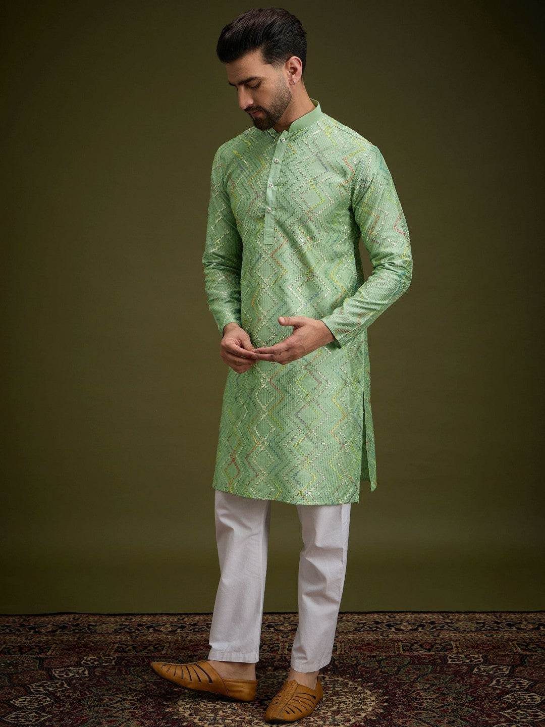 Men’s Green Chevron Embroidered Cotton Kurta with Gotta Patti