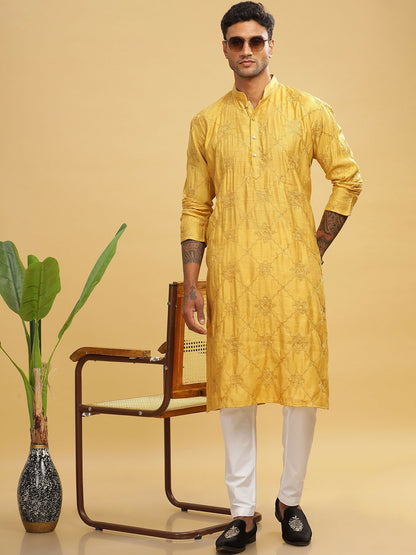 Yellow Ethnic Motif Embroidered Cotton Kurta with Mandarin Collar