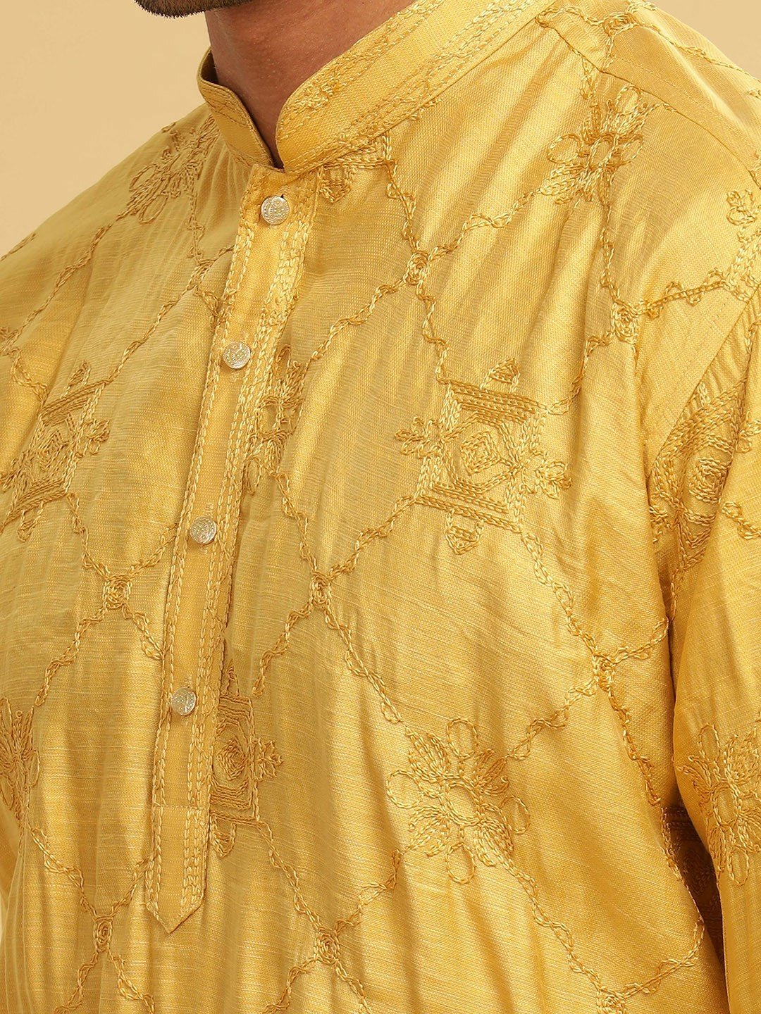 Yellow Ethnic Motif Embroidered Cotton Kurta with Mandarin Collar