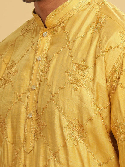 Yellow Ethnic Motif Embroidered Cotton Kurta with Mandarin Collar