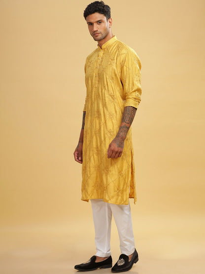 Yellow Ethnic Motif Embroidered Cotton Kurta with Mandarin Collar