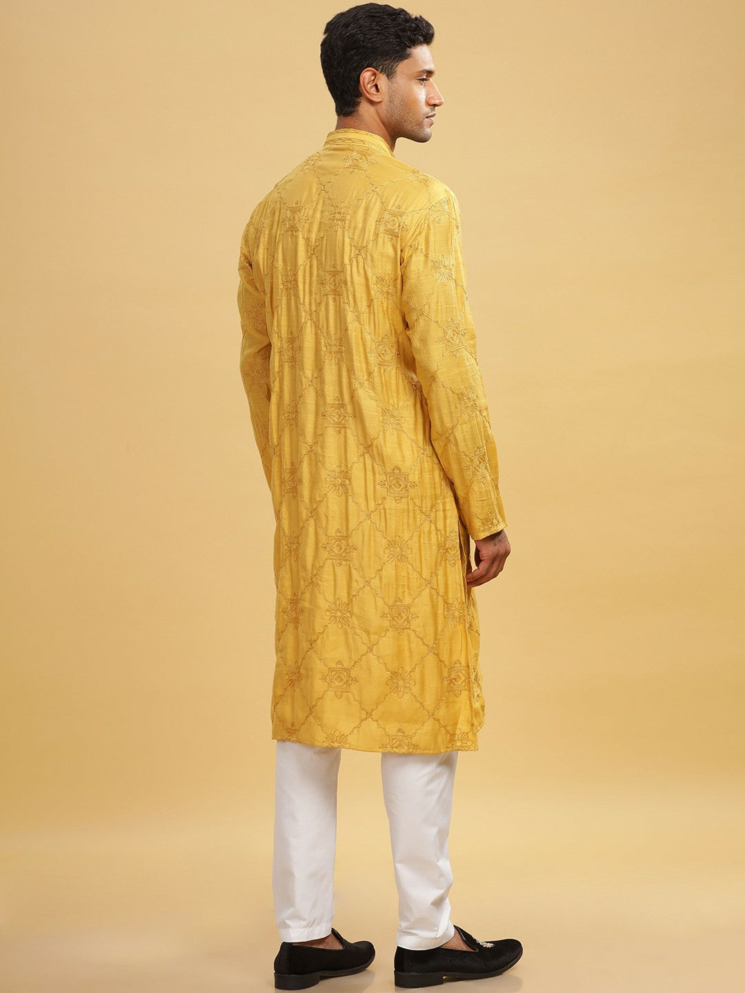 Yellow Ethnic Motif Embroidered Cotton Kurta with Mandarin Collar