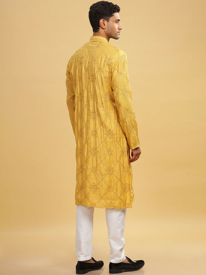 Yellow Ethnic Motif Embroidered Cotton Kurta with Mandarin Collar