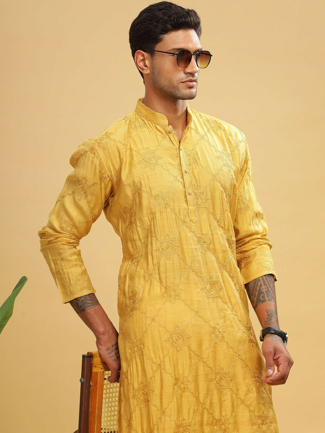 Yellow Ethnic Motif Embroidered Cotton Kurta with Mandarin Collar