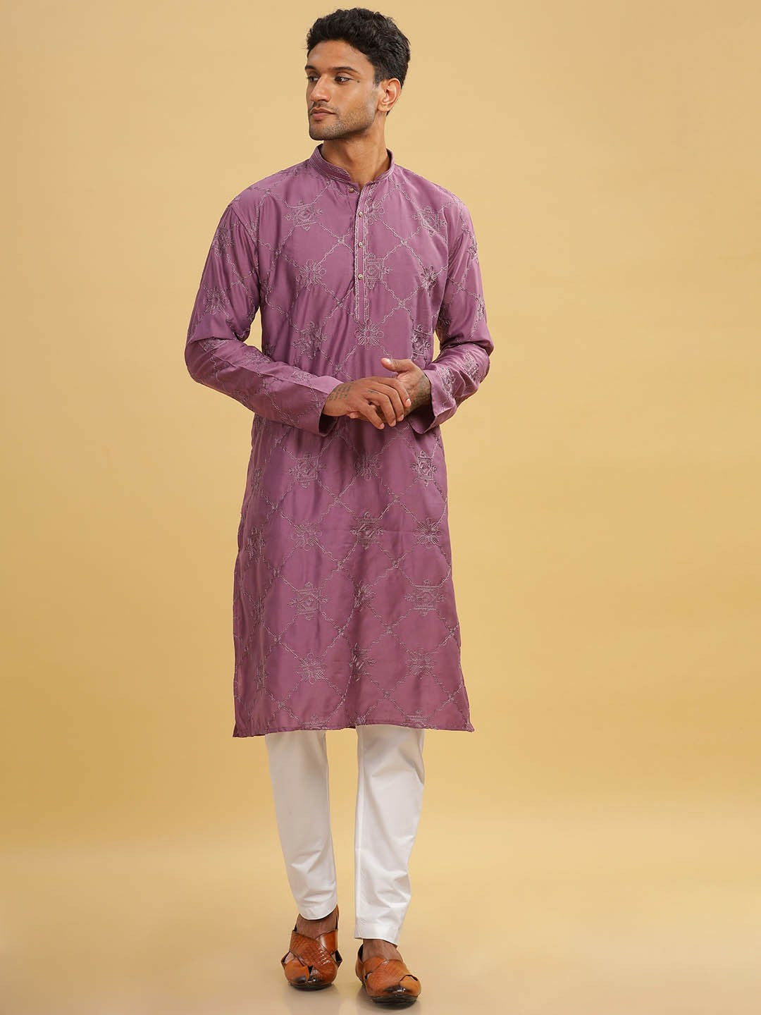 Pink Ethnic Motif Embroidered Cotton Kurta with Band Collar