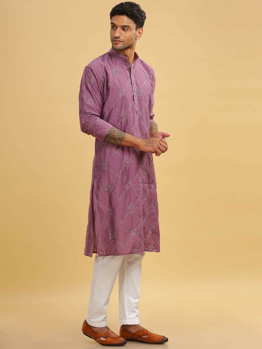 Pink Ethnic Motif Embroidered Cotton Kurta with Band Collar