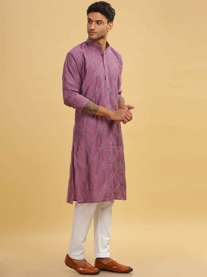 Pink Ethnic Motif Embroidered Cotton Kurta with Band Collar