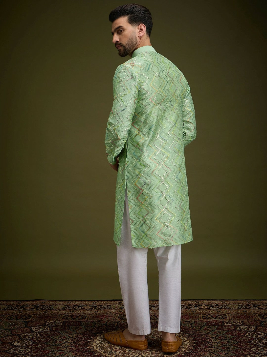 Men’s Green Chevron Embroidered Cotton Kurta with Gotta Patti