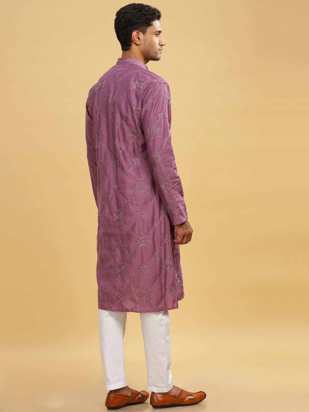 Pink Ethnic Motif Embroidered Cotton Kurta with Band Collar