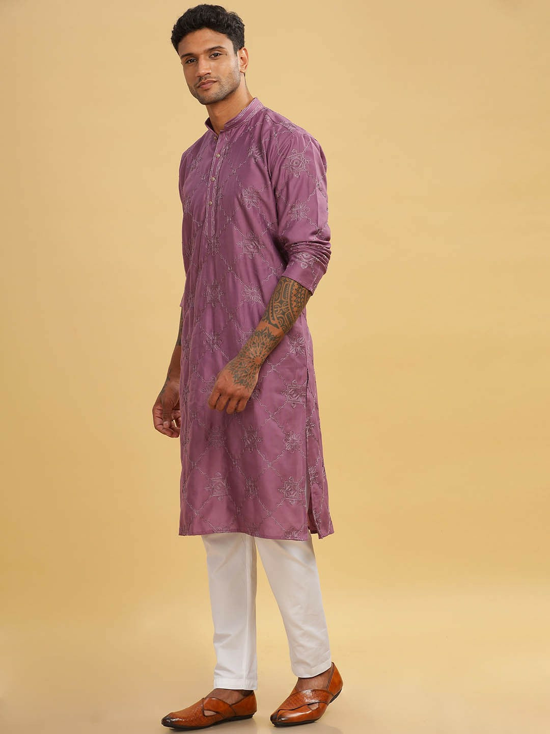 Pink Ethnic Motif Embroidered Cotton Kurta with Band Collar