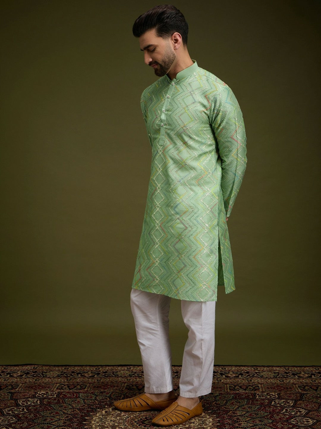 Men’s Green Chevron Embroidered Cotton Kurta with Gotta Patti