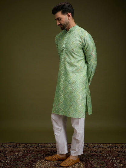 Men’s Green Chevron Embroidered Cotton Kurta with Gotta Patti