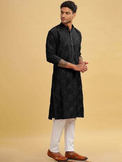 Black Ethnic Motif Embroidered Cotton Kurta with Band Collar