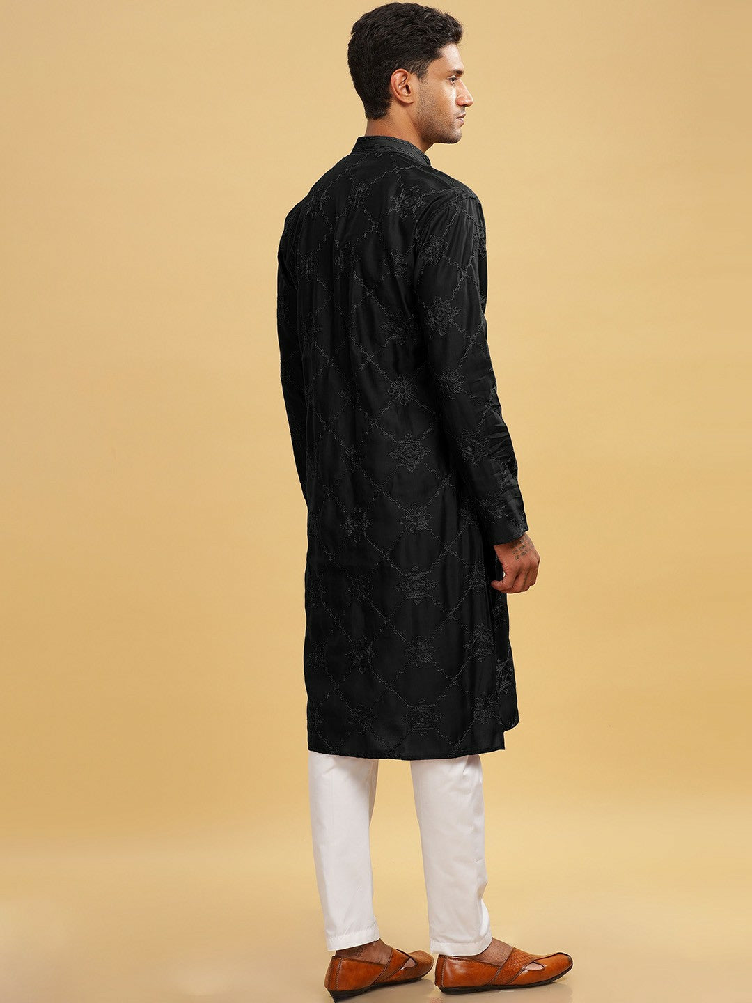 Black Ethnic Motif Embroidered Cotton Kurta with Band Collar