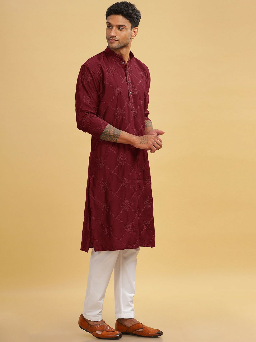 Maroon Ethnic Motif Embroidered Cotton Kurta with Mandarin Collar