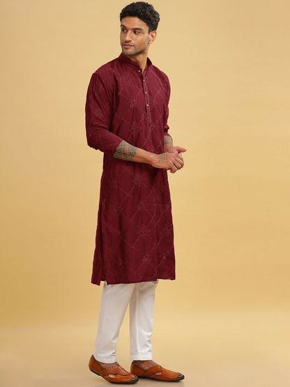 Maroon Ethnic Motif Embroidered Cotton Kurta with Mandarin Collar