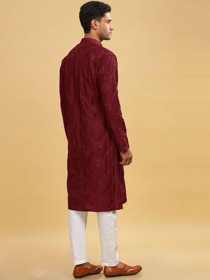 Maroon Ethnic Motif Embroidered Cotton Kurta with Mandarin Collar