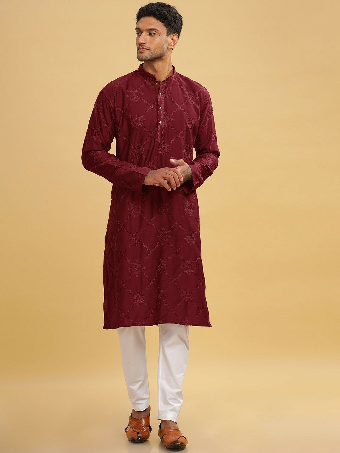 Maroon Ethnic Motif Embroidered Cotton Kurta with Mandarin Collar