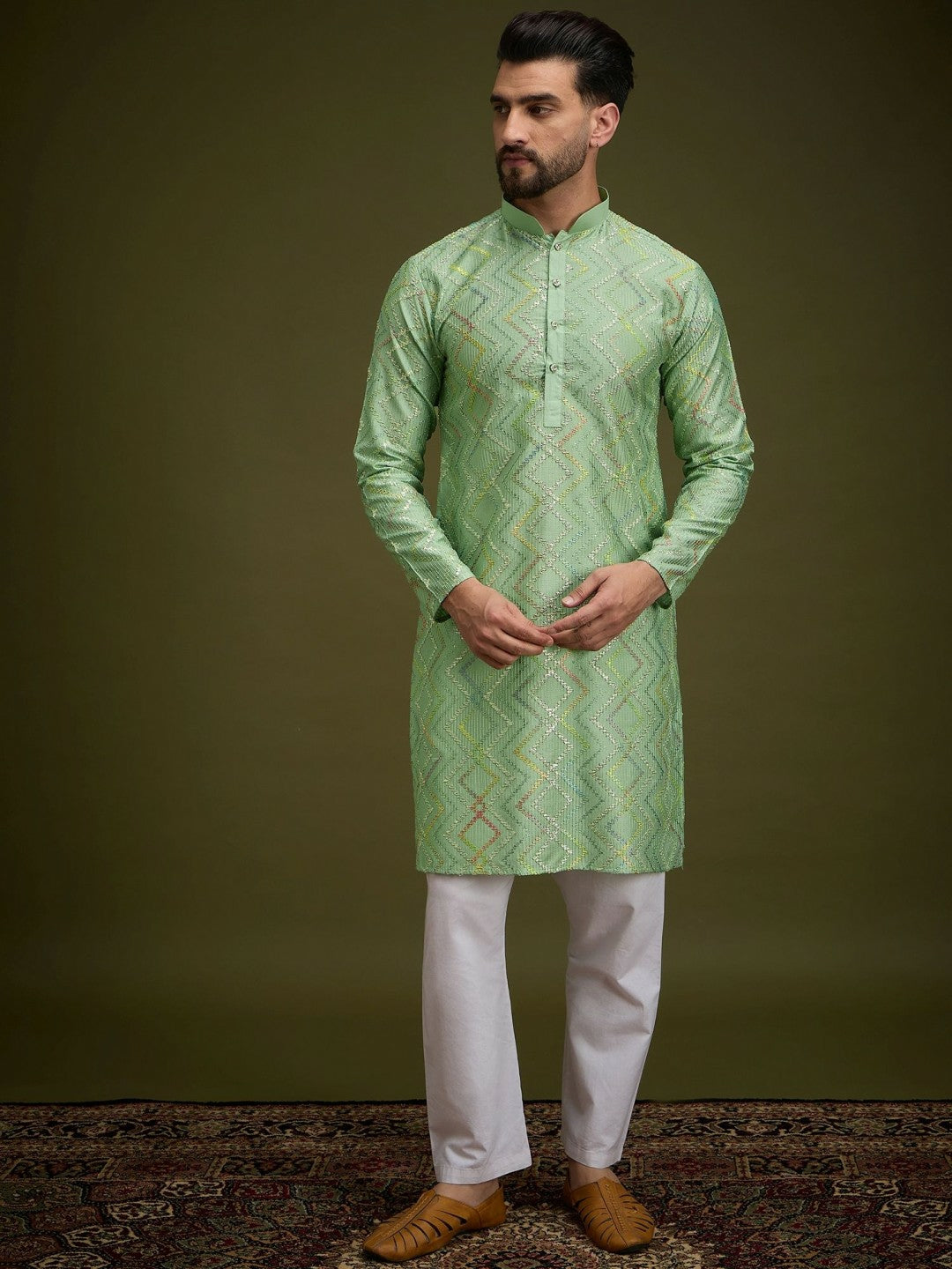 Men’s Green Chevron Embroidered Cotton Kurta with Gotta Patti