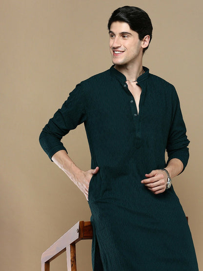 Green Woven Ethnic Motif Cotton Kurta with Chikankari Thread Work