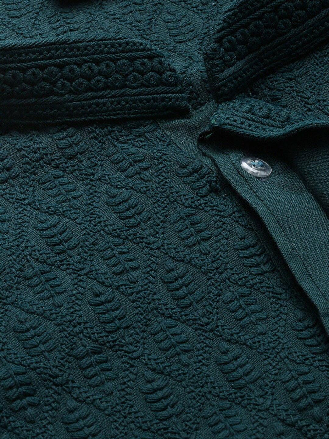 Green Woven Ethnic Motif Cotton Kurta with Chikankari Thread Work