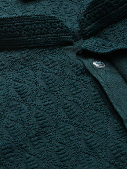 Green Woven Ethnic Motif Cotton Kurta with Chikankari Thread Work