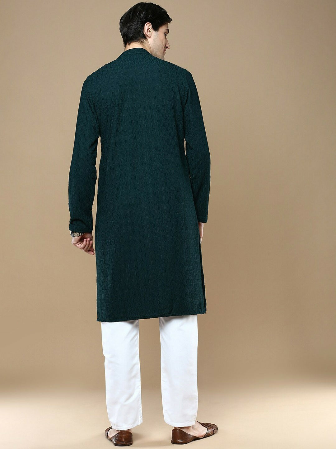 Green Woven Ethnic Motif Cotton Kurta with Chikankari Thread Work