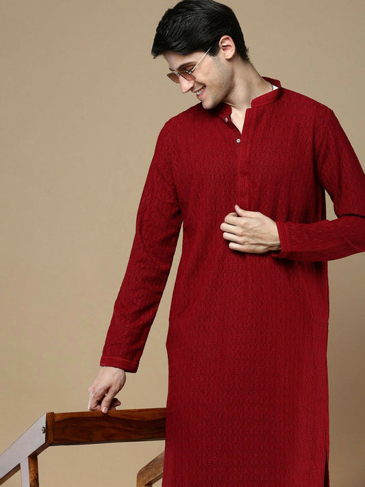 Maroon Striped Woven Kurta with Chikankari Thread Work