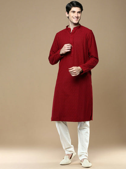 Maroon Striped Woven Kurta with Chikankari Thread Work