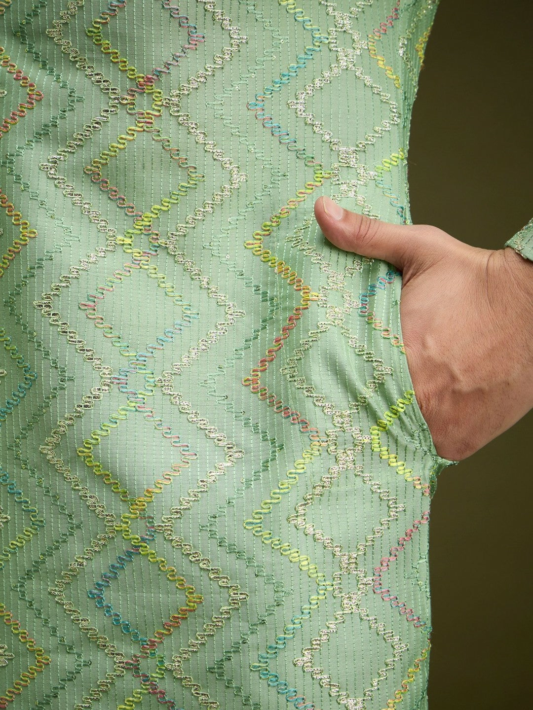 Men’s Green Chevron Embroidered Cotton Kurta with Gotta Patti