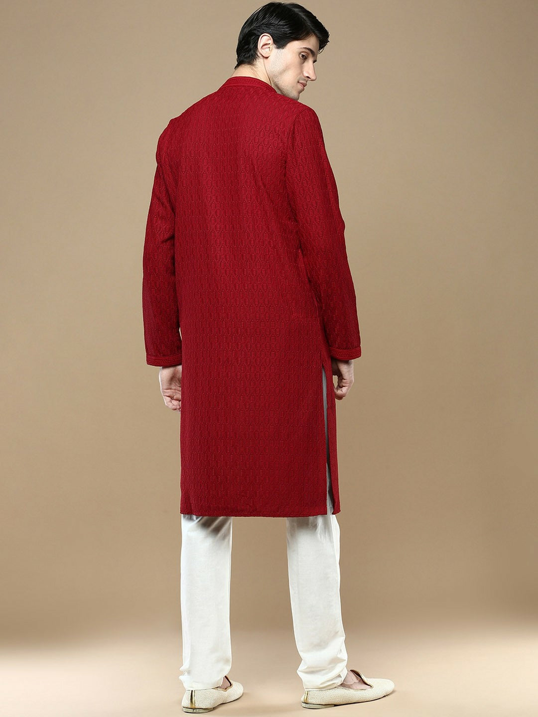 Maroon Striped Woven Kurta with Chikankari Thread Work