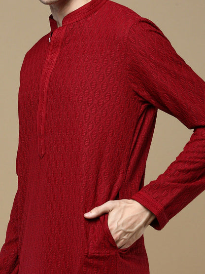 Maroon Striped Woven Kurta with Chikankari Thread Work