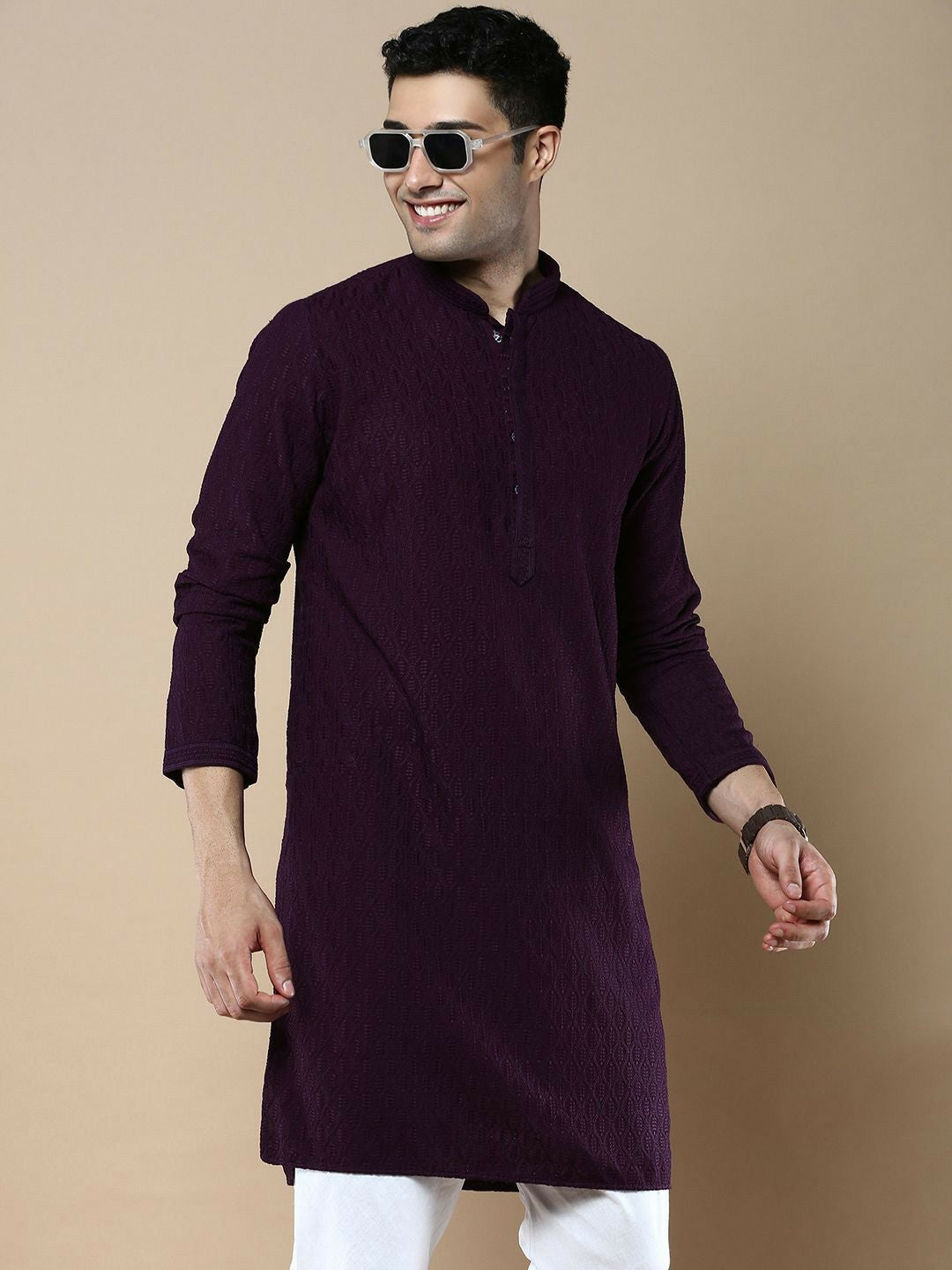 Purple Floral Woven Kurta with Chikankari Detailing
