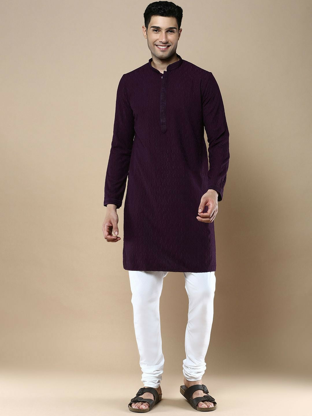 Purple Floral Woven Kurta with Chikankari Detailing