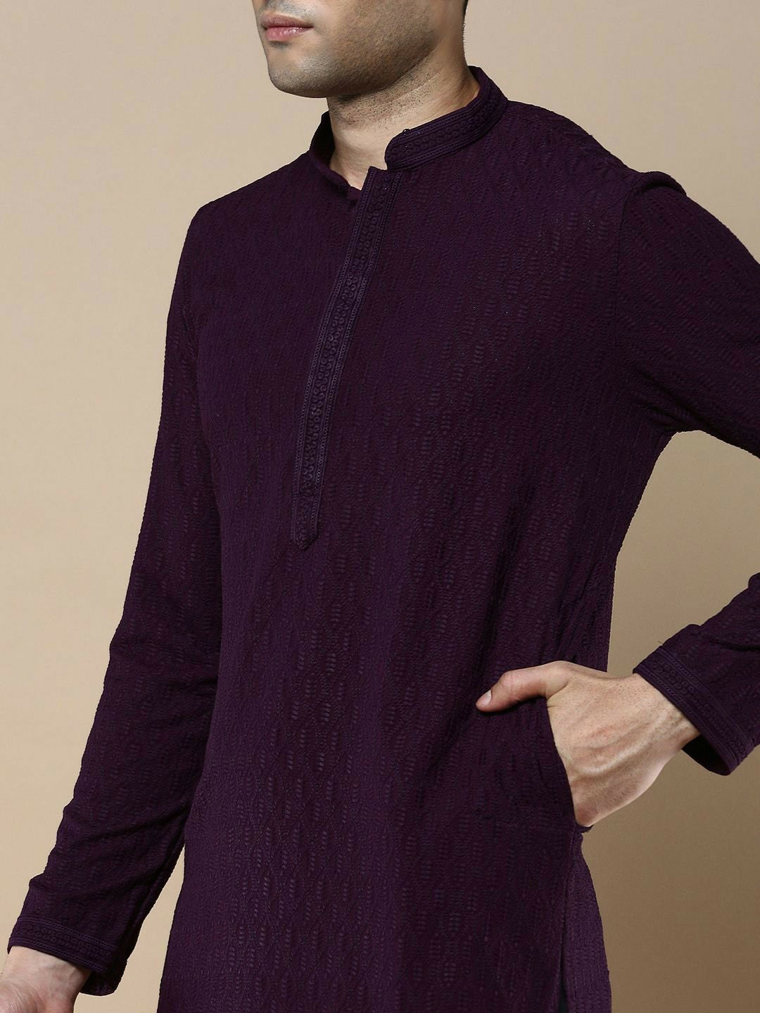 Purple Floral Woven Kurta with Chikankari Detailing