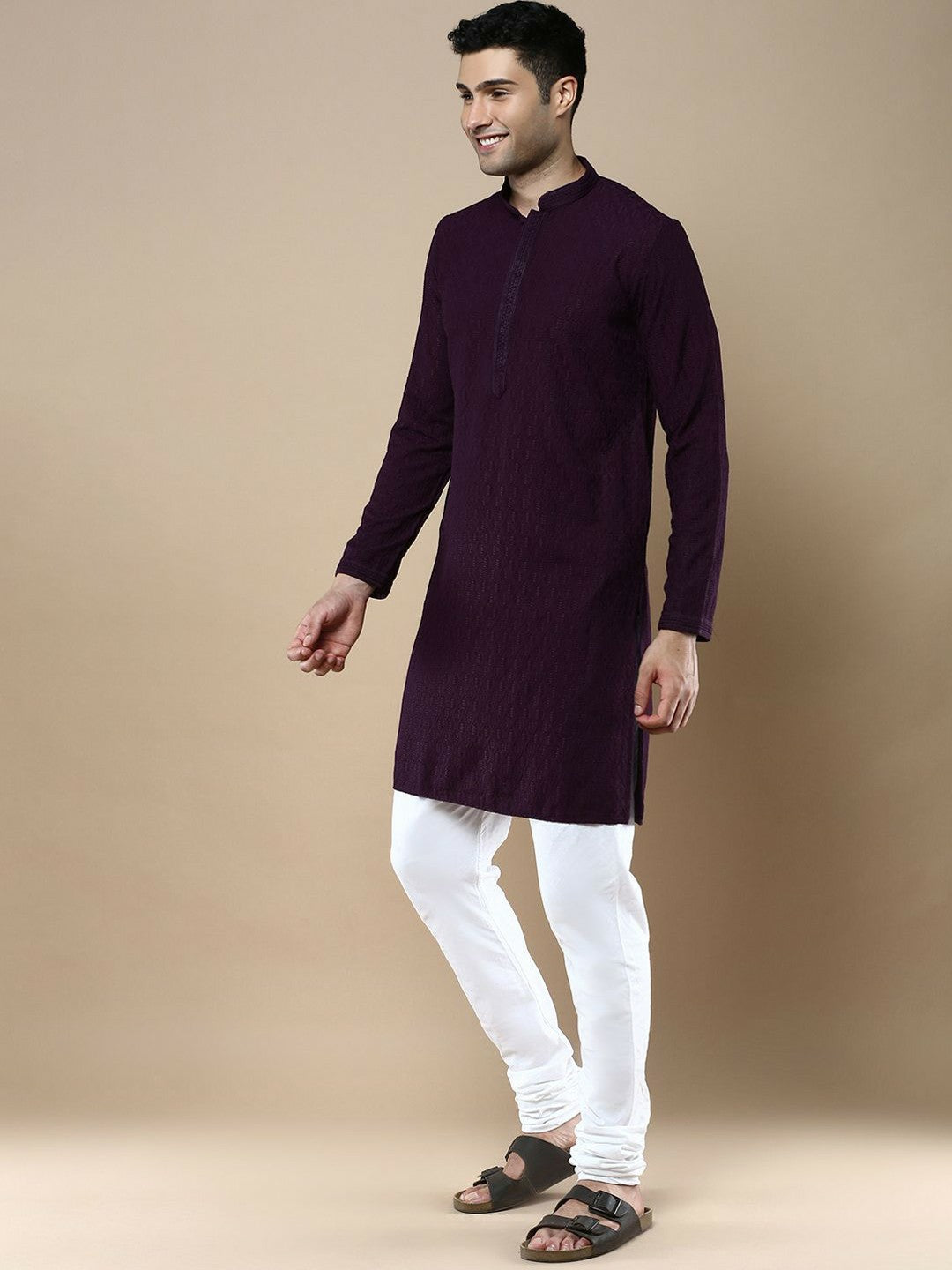 Purple Floral Woven Kurta with Chikankari Detailing