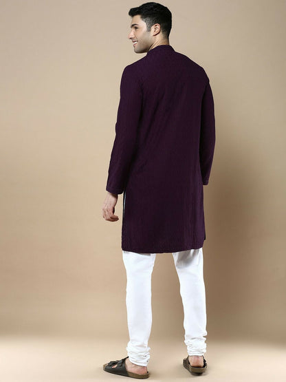 Purple Floral Woven Kurta with Chikankari Detailing