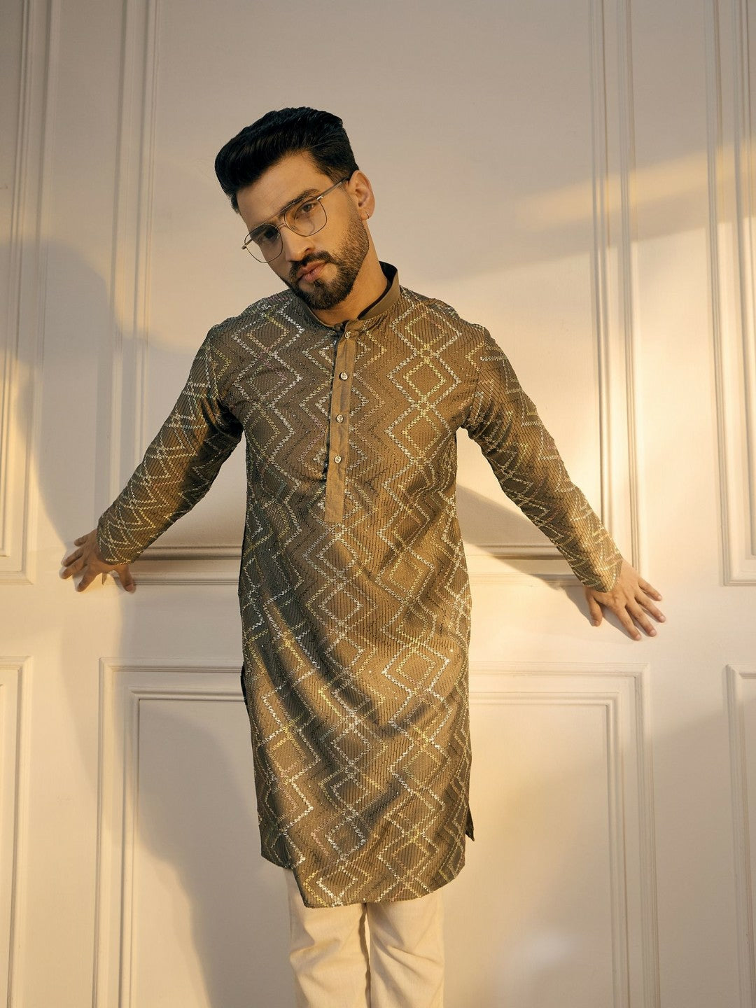 Men’s Grey Chevron Embroidered Cotton Kurta with Gotta Patti