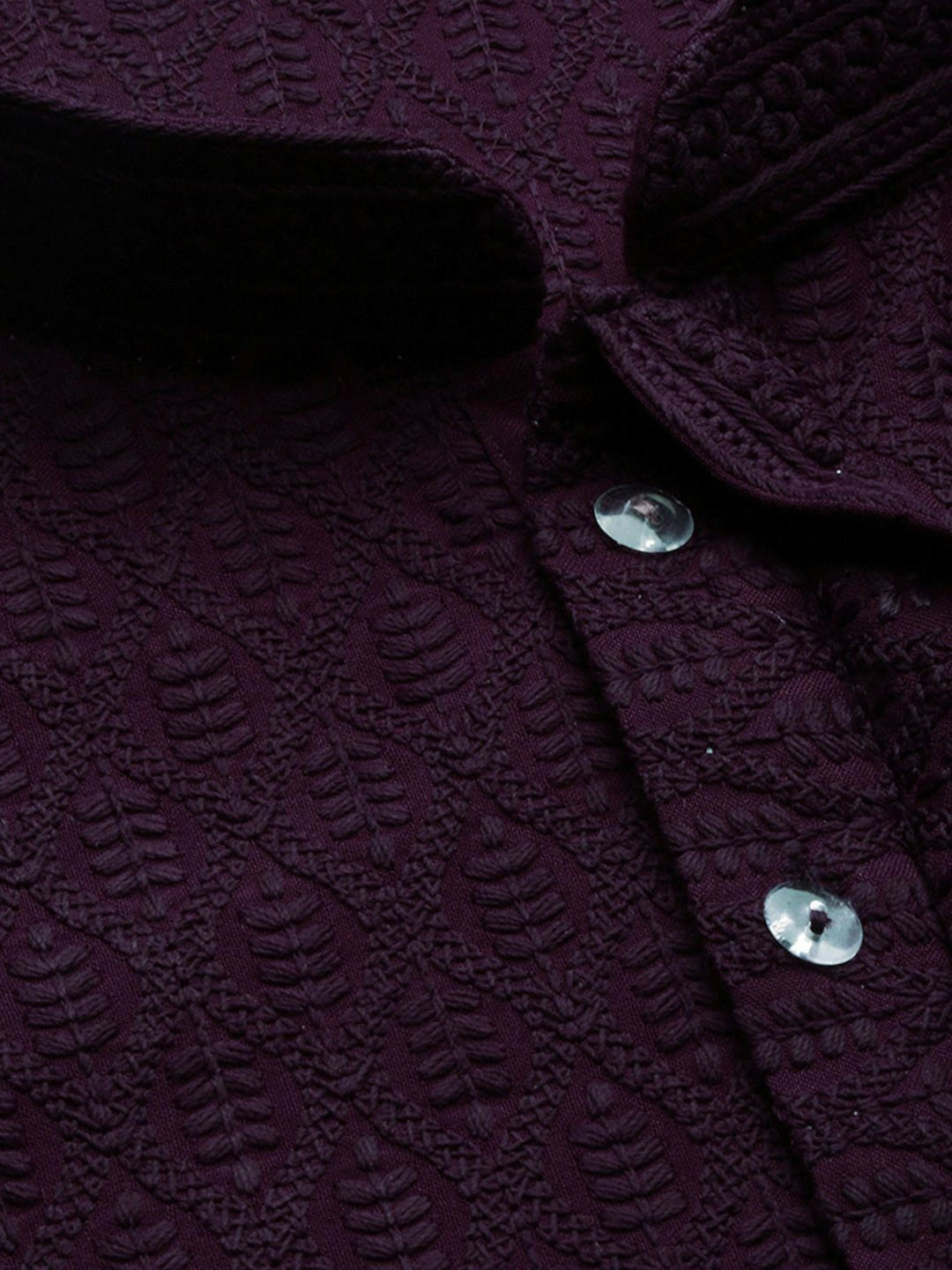 Purple Floral Woven Kurta with Chikankari Detailing