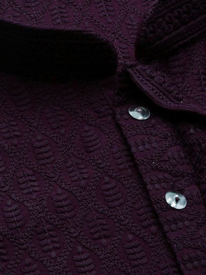 Purple Floral Woven Kurta with Chikankari Detailing