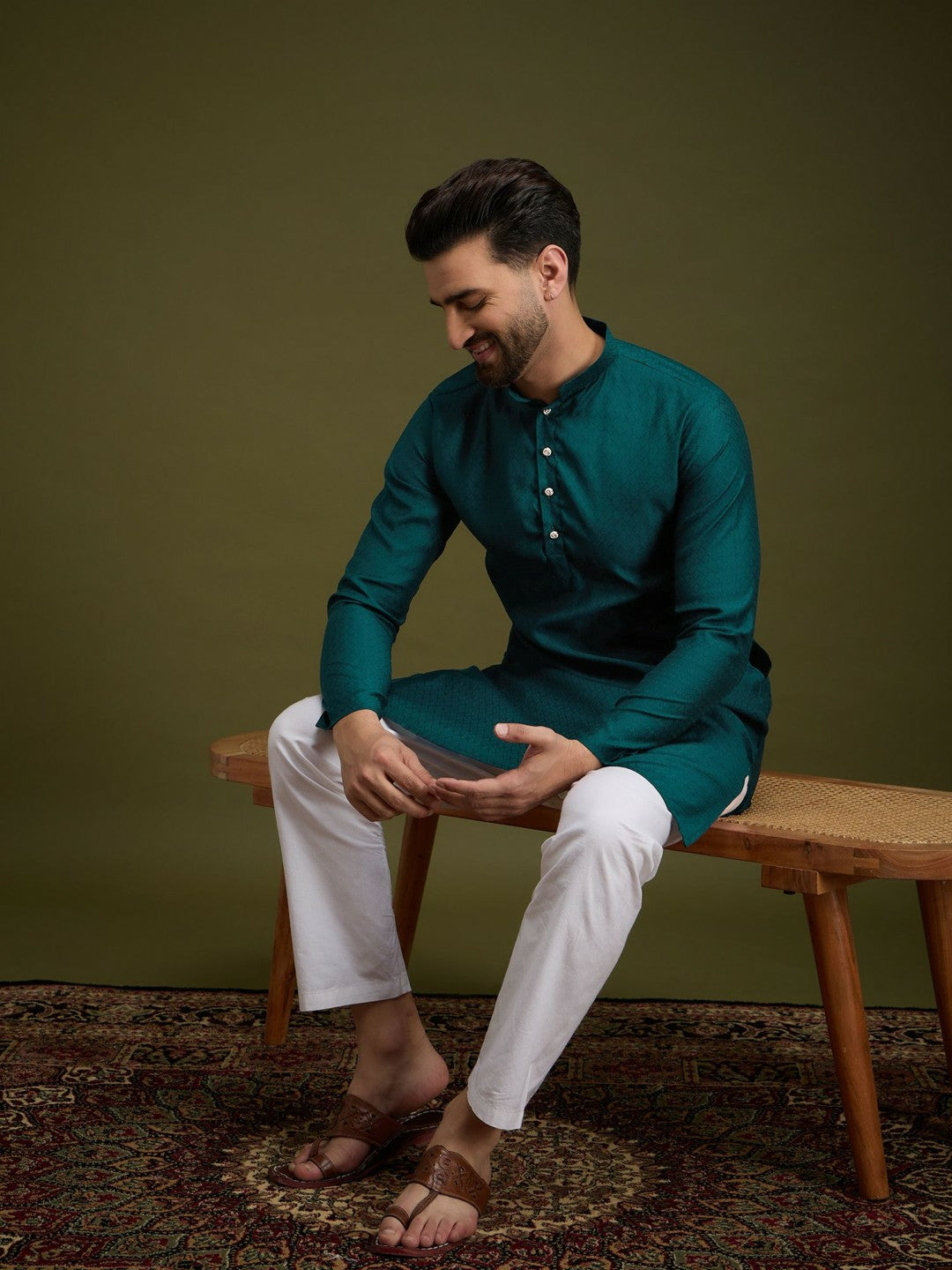 Green Geometric Embroidered Cotton Kurta with Pockets