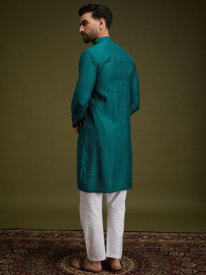Green Geometric Embroidered Cotton Kurta with Pockets
