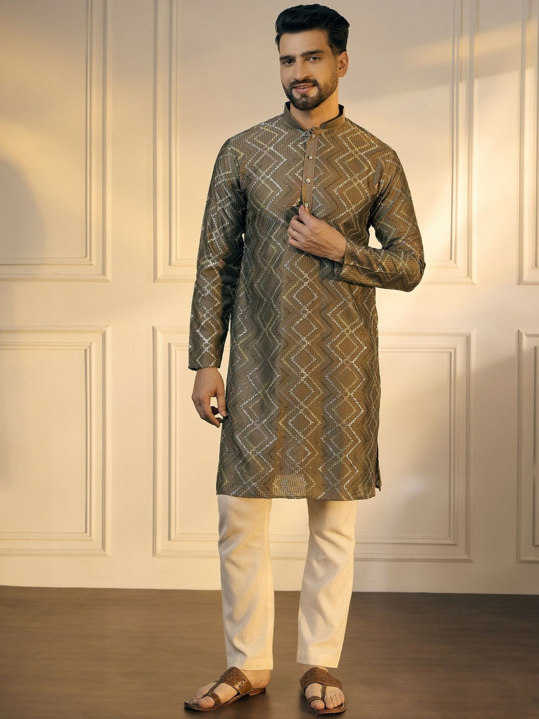 Men’s Grey Chevron Embroidered Cotton Kurta with Gotta Patti